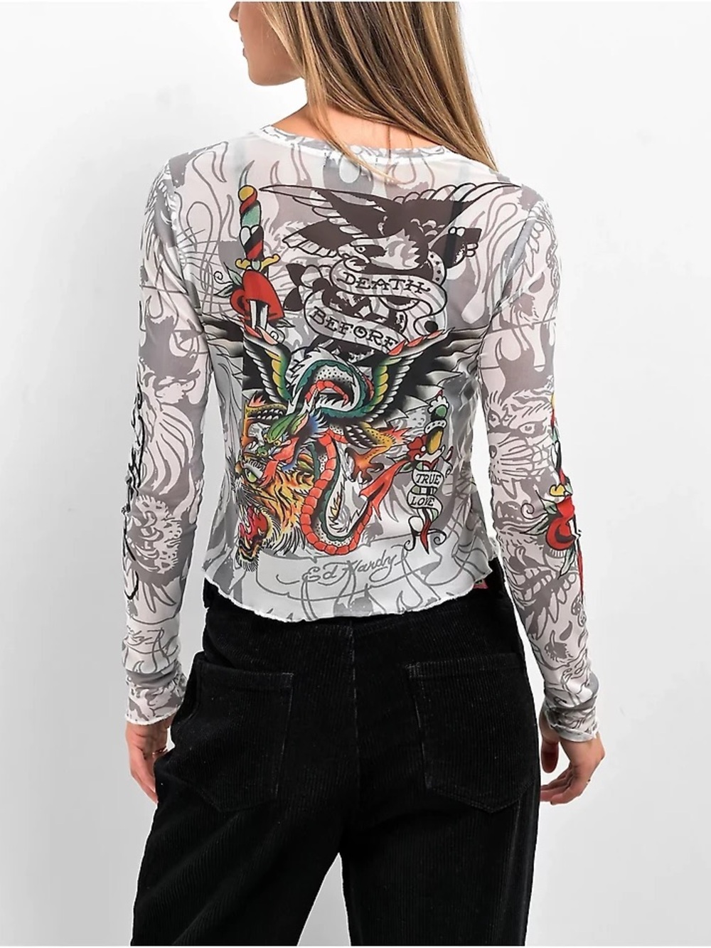 Ed Hardy Dragon Dagger White Mesh Long Sleeve Crop Top. Size L - Picture 9 of 11